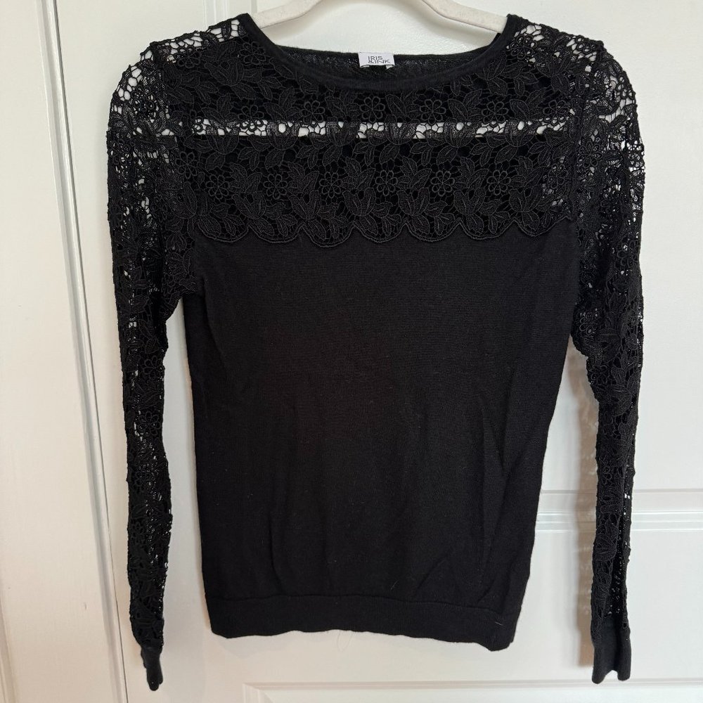 Iris & Ink Black Silk & Cashmere Blend Sweater with Lace Detail